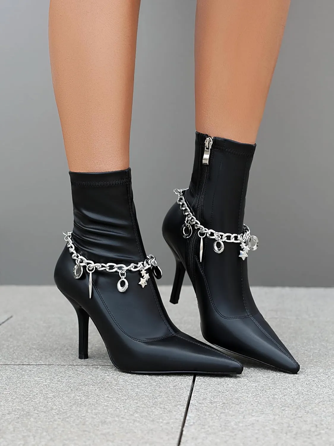 Mofirdast Women's Metal Chain Ankle Boots Sexy Stiletto High Heel Pointed Toe Zipper Party Booties Mid Calf Boots for Women