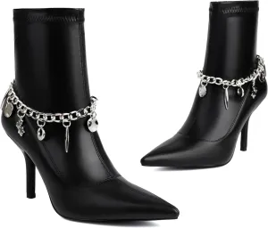 Mofirdast Women's Metal Chain Ankle Boots Sexy Stiletto High Heel Pointed Toe Zipper Party Booties Mid Calf Boots for Women