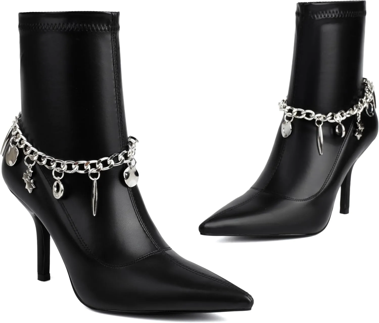 Mofirdast Women's Metal Chain Ankle Boots Sexy Stiletto High Heel Pointed Toe Zipper Party Booties Mid Calf Boots for Women