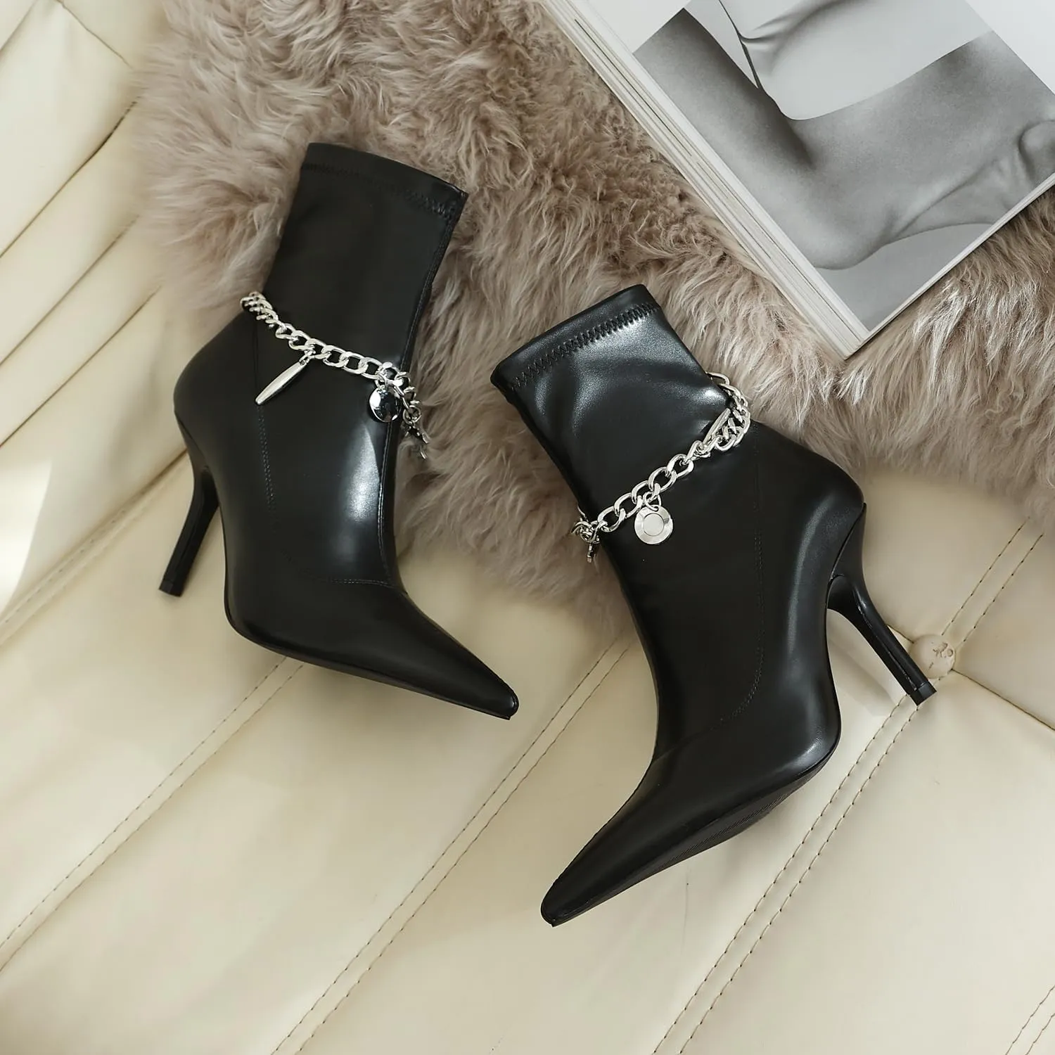 Mofirdast Women's Metal Chain Ankle Boots Sexy Stiletto High Heel Pointed Toe Zipper Party Booties Mid Calf Boots for Women