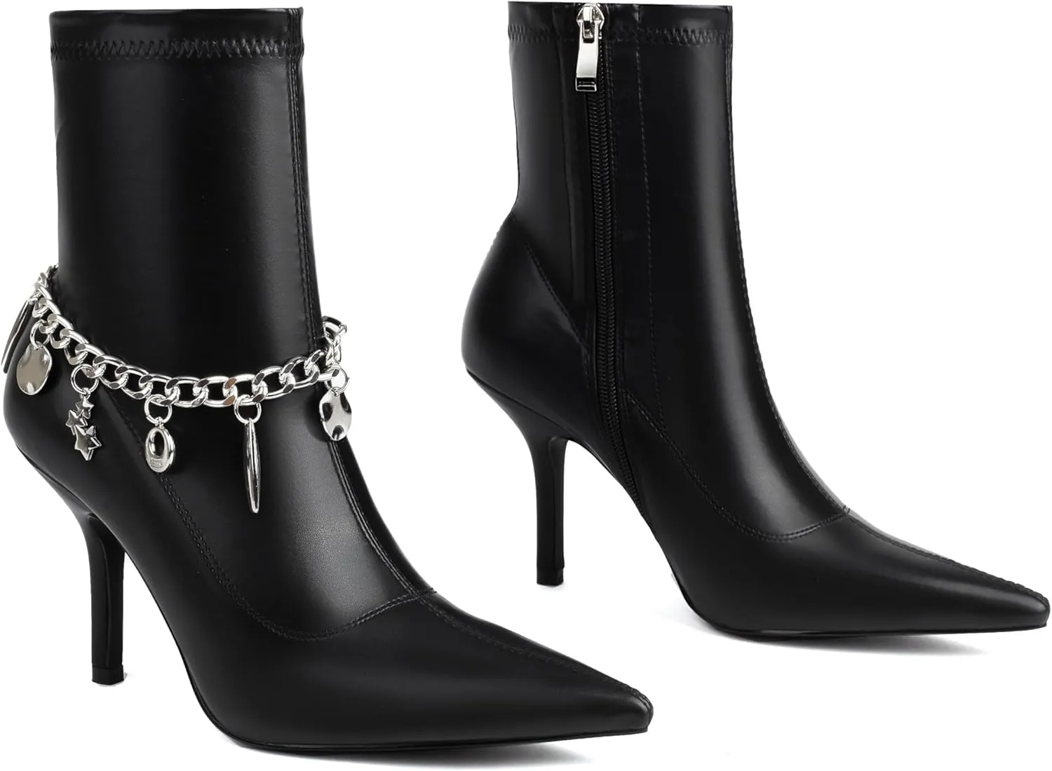 Mofirdast Women's Metal Chain Ankle Boots Sexy Stiletto High Heel Pointed Toe Zipper Party Booties Mid Calf Boots for Women