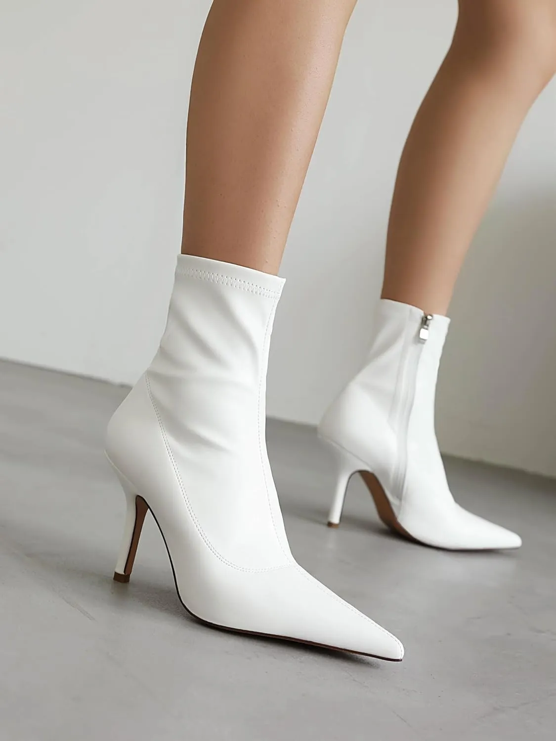 Mofirdast Women's Metal Chain Ankle Boots Sexy Stiletto High Heel Pointed Toe Zipper Party Booties Mid Calf Boots for Women