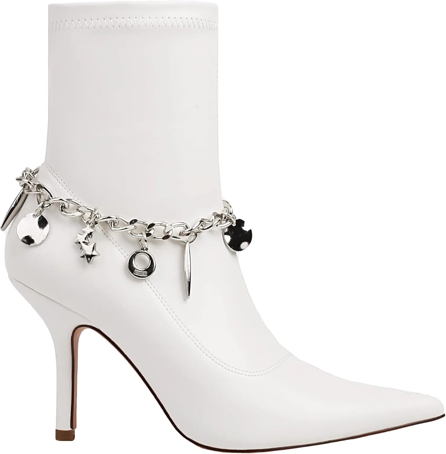Mofirdast Women's Metal Chain Ankle Boots Sexy Stiletto High Heel Pointed Toe Zipper Party Booties Mid Calf Boots for Women