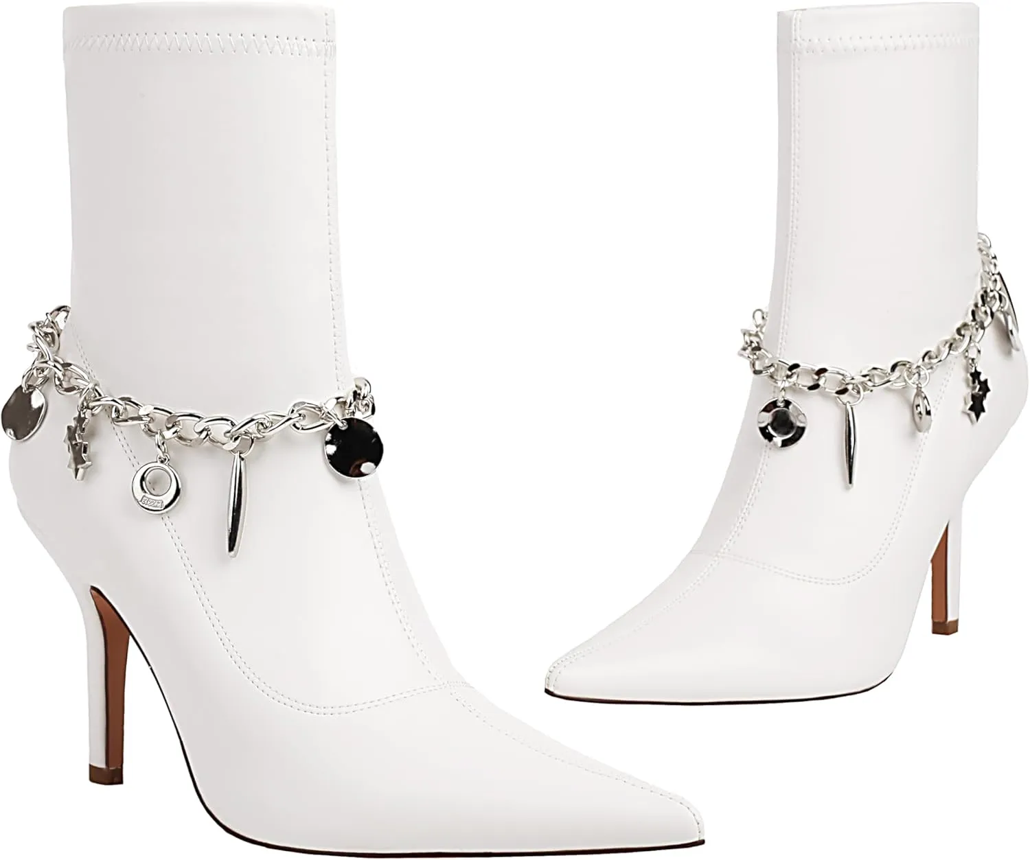 Mofirdast Women's Metal Chain Ankle Boots Sexy Stiletto High Heel Pointed Toe Zipper Party Booties Mid Calf Boots for Women