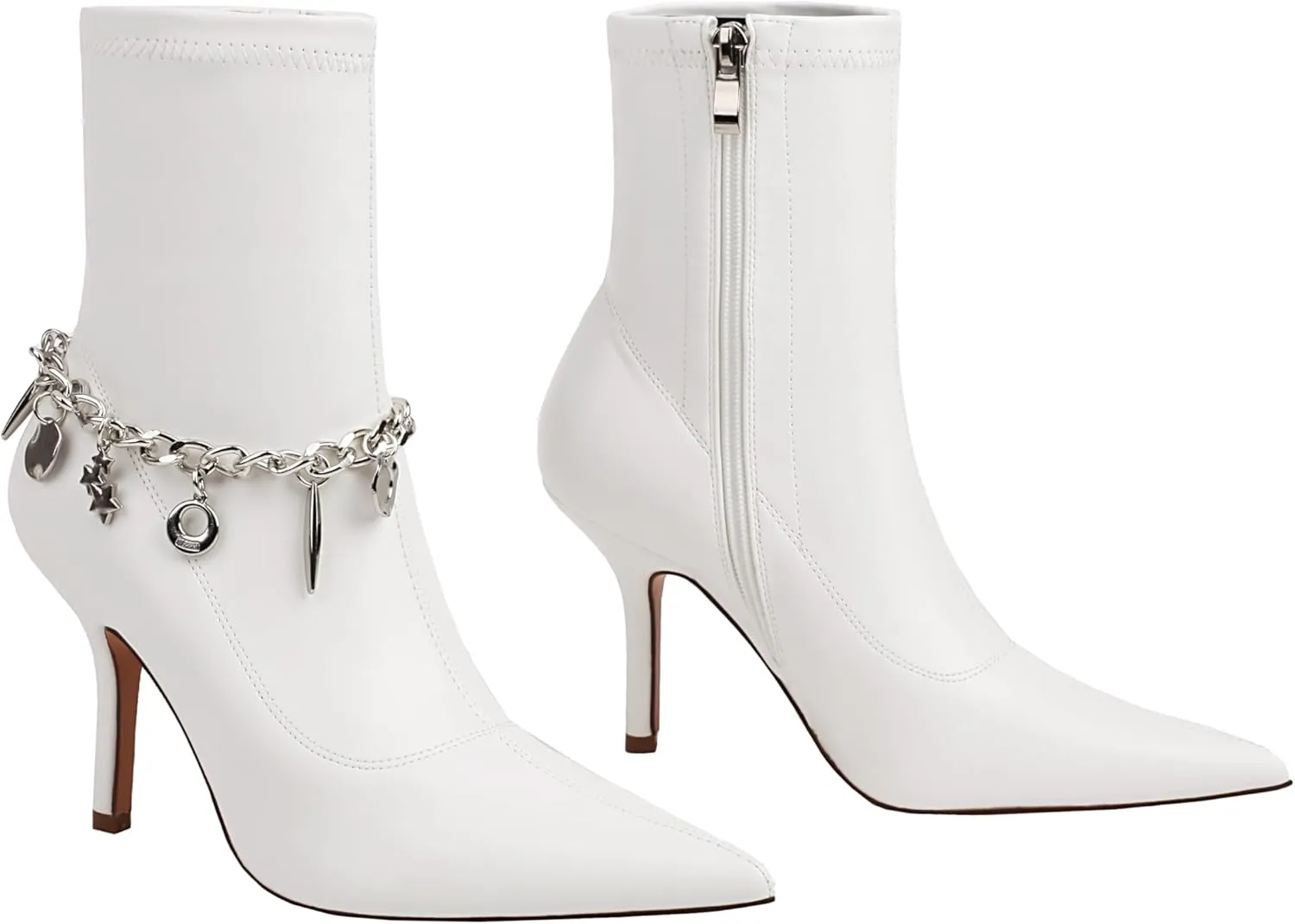 Mofirdast Women's Metal Chain Ankle Boots Sexy Stiletto High Heel Pointed Toe Zipper Party Booties Mid Calf Boots for Women
