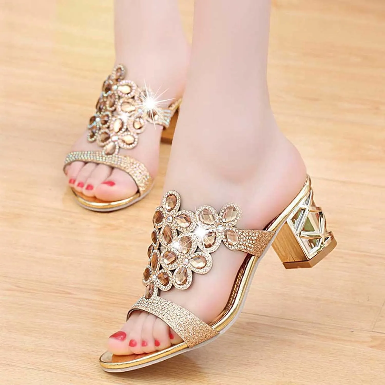 oiangi Sparkly Rhinestone Sandals for Women,Fashion Flip Flops Open Toe High Heel Pump Sandals,Casual Block Heel Sandal