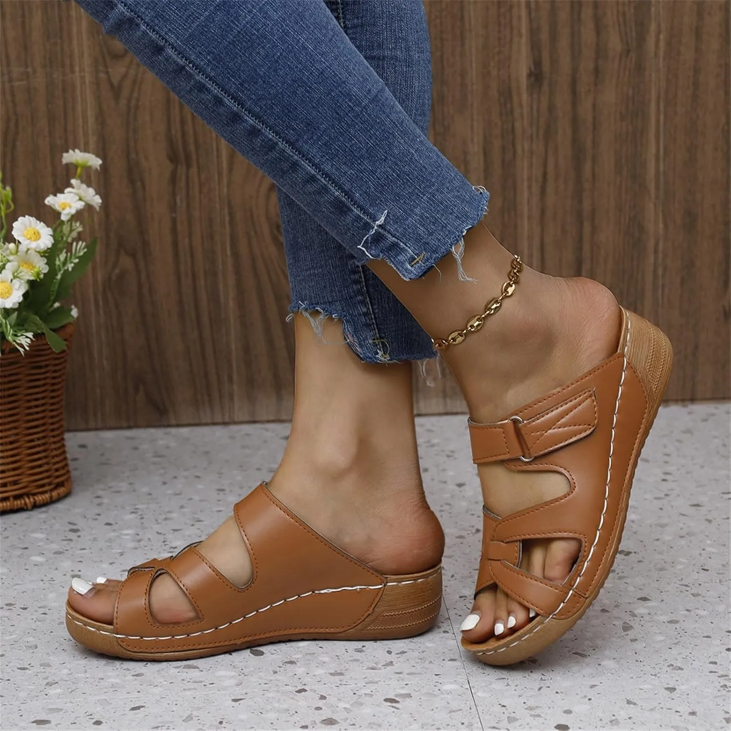 Orthopedic Wedge Sandals for Women Low Heel Open Toe Slip On Slides Shoes Casual Comfort Walking Dressy Sandals