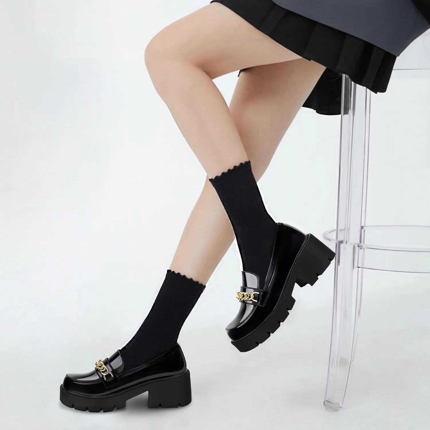 Platform Loafers for Women Shoes Patent Leather Chunky Loafers with Gold Chain