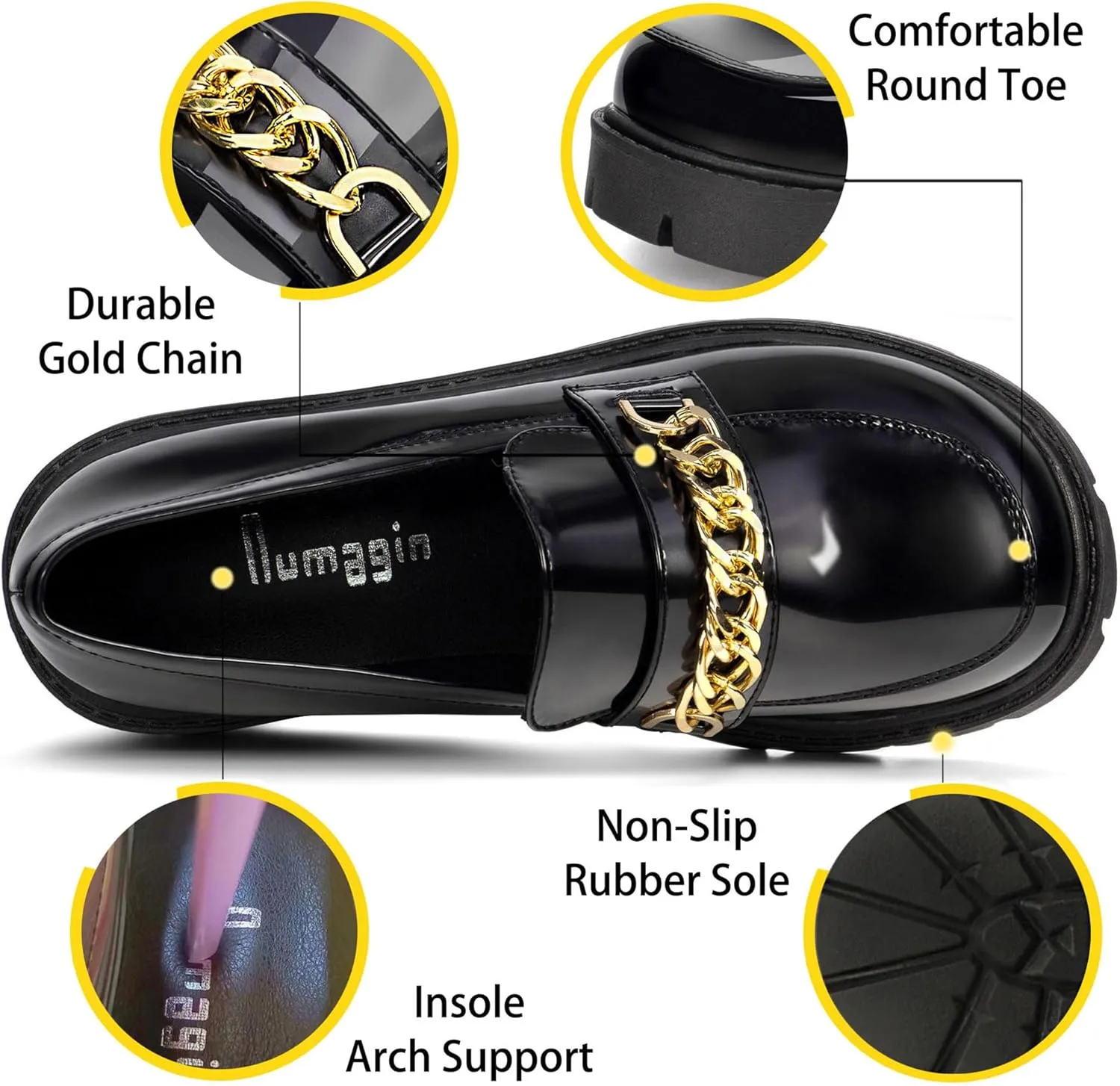 Platform Loafers for Women Shoes Patent Leather Chunky Loafers with Gold Chain