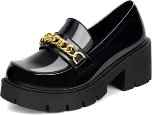 Platform Loafers for Women Shoes Patent Leather Chunky Loafers with Gold Chain