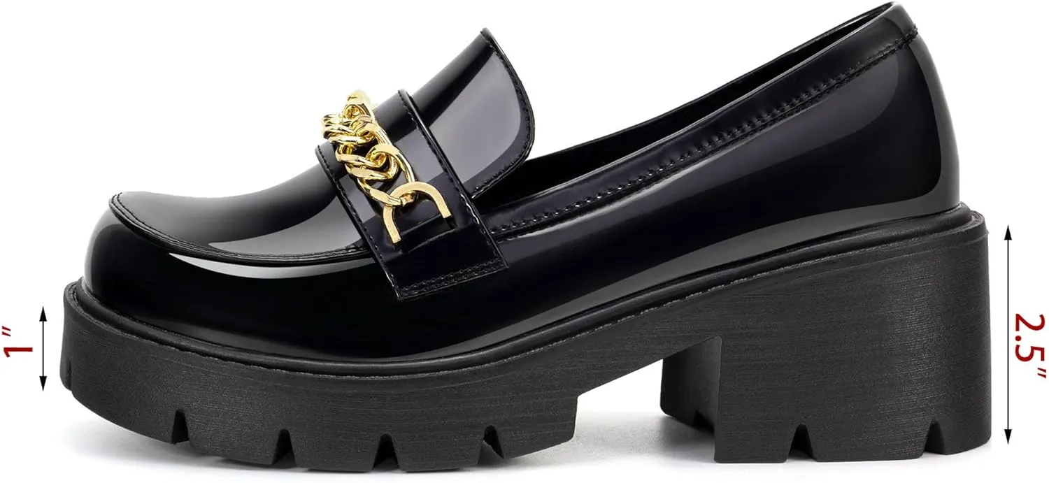 Platform Loafers for Women Shoes Patent Leather Chunky Loafers with Gold Chain