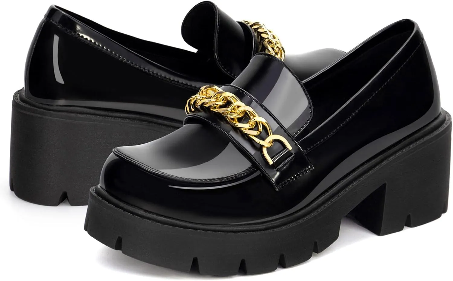 Platform Loafers for Women Shoes Patent Leather Chunky Loafers with Gold Chain