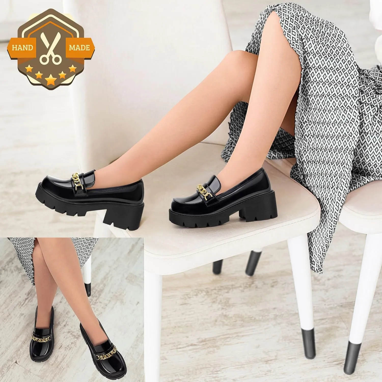 Platform Loafers for Women Shoes Patent Leather Chunky Loafers with Gold Chain