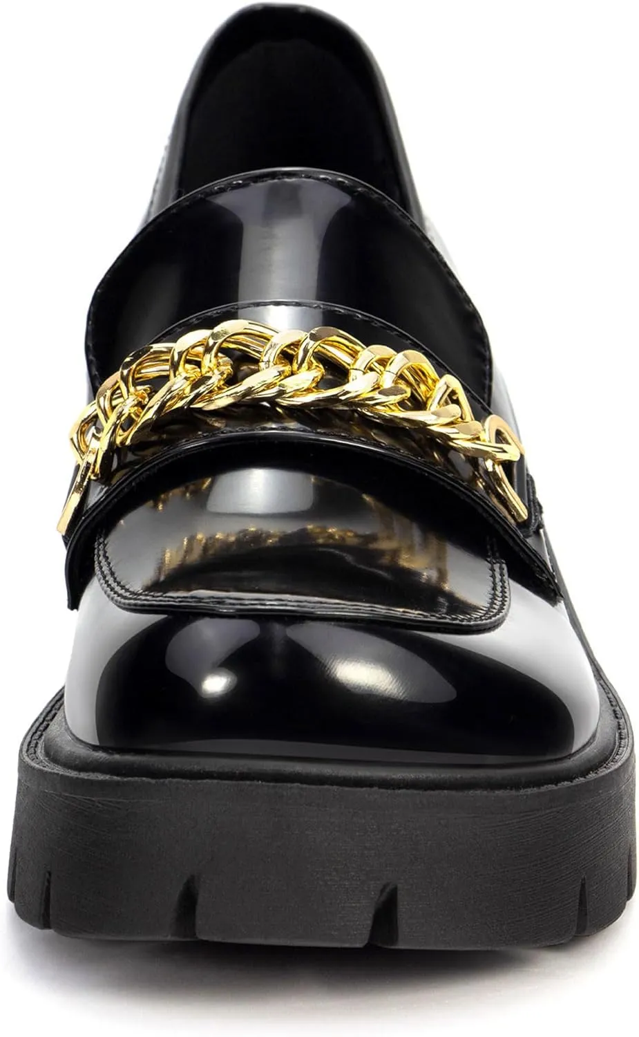 Platform Loafers for Women Shoes Patent Leather Chunky Loafers with Gold Chain