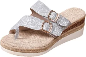 Platform Slip On Shoes for Women Comfort Toe Loop Platform Wedge Sandals Fashion Dressy Sparkly Strap Summer Shoes