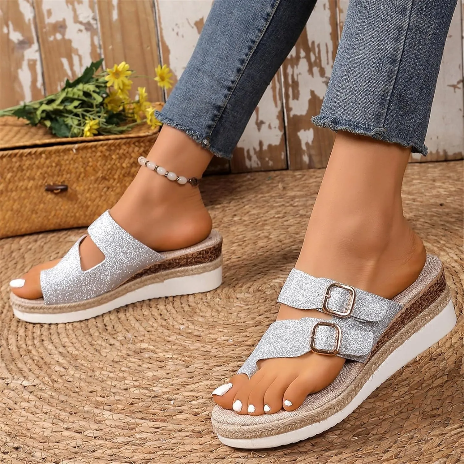 Platform Slip On Shoes for Women Comfort Toe Loop Platform Wedge Sandals Fashion Dressy Sparkly Strap Summer Shoes