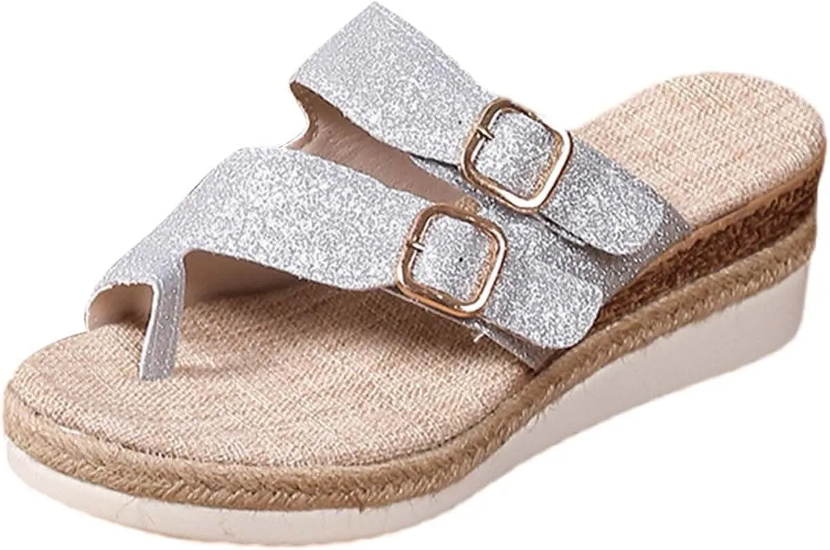 Platform Slip On Shoes for Women Comfort Toe Loop Platform Wedge Sandals Fashion Dressy Sparkly Strap Summer Shoes