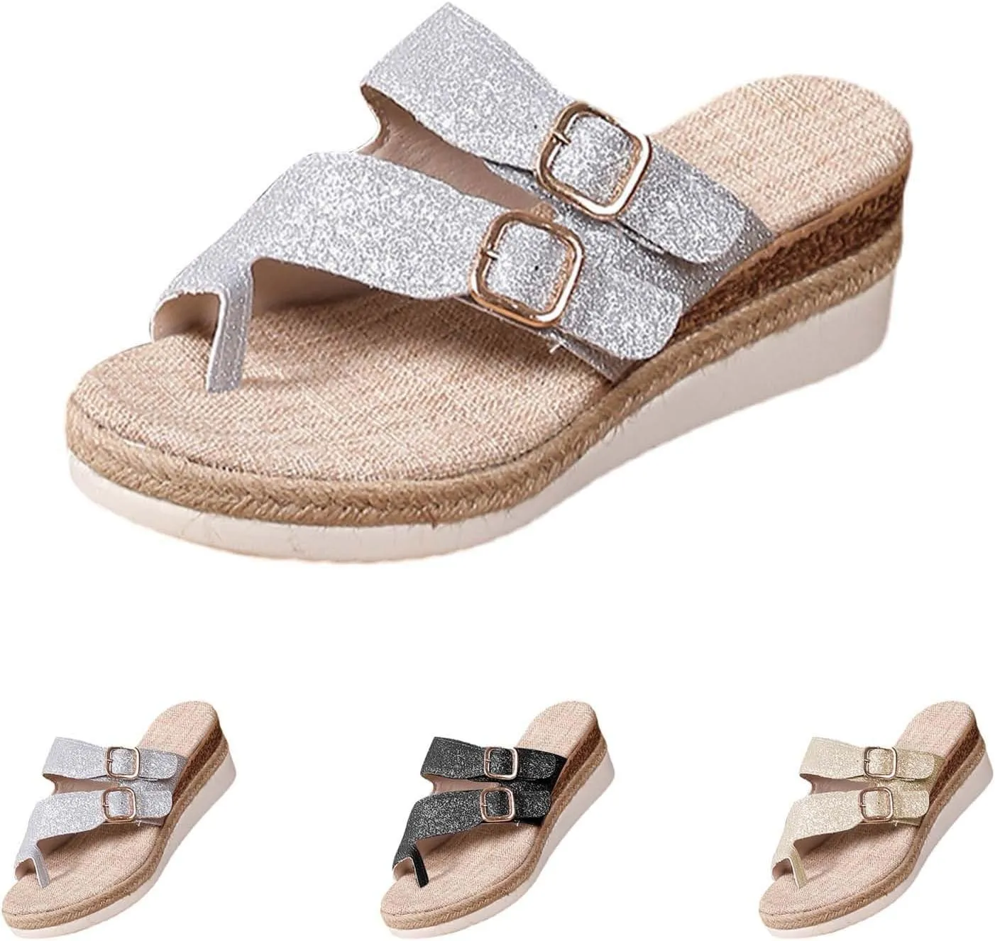 Platform Slip On Shoes for Women Comfort Toe Loop Platform Wedge Sandals Fashion Dressy Sparkly Strap Summer Shoes