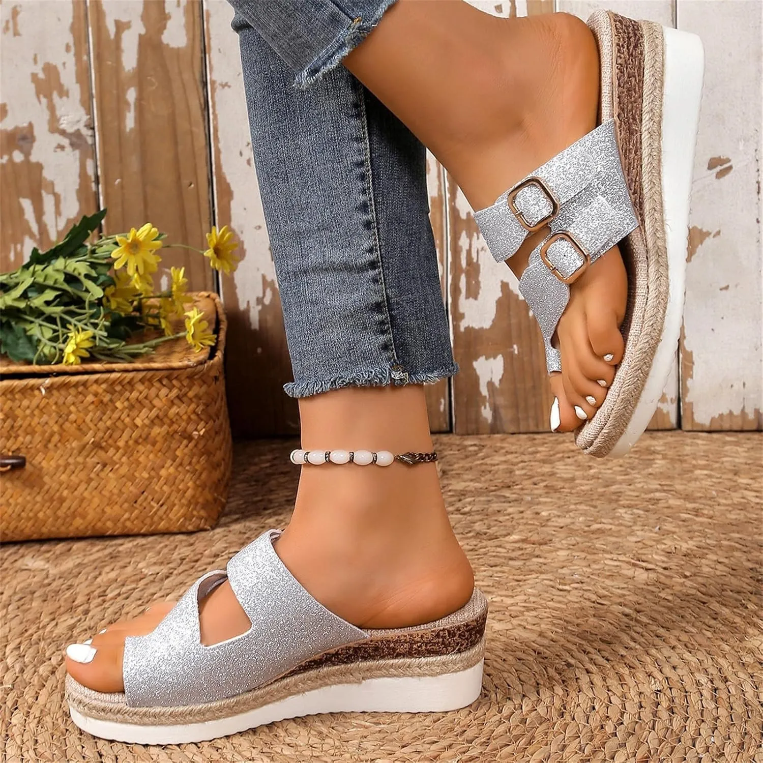 Platform Slip On Shoes for Women Comfort Toe Loop Platform Wedge Sandals Fashion Dressy Sparkly Strap Summer Shoes