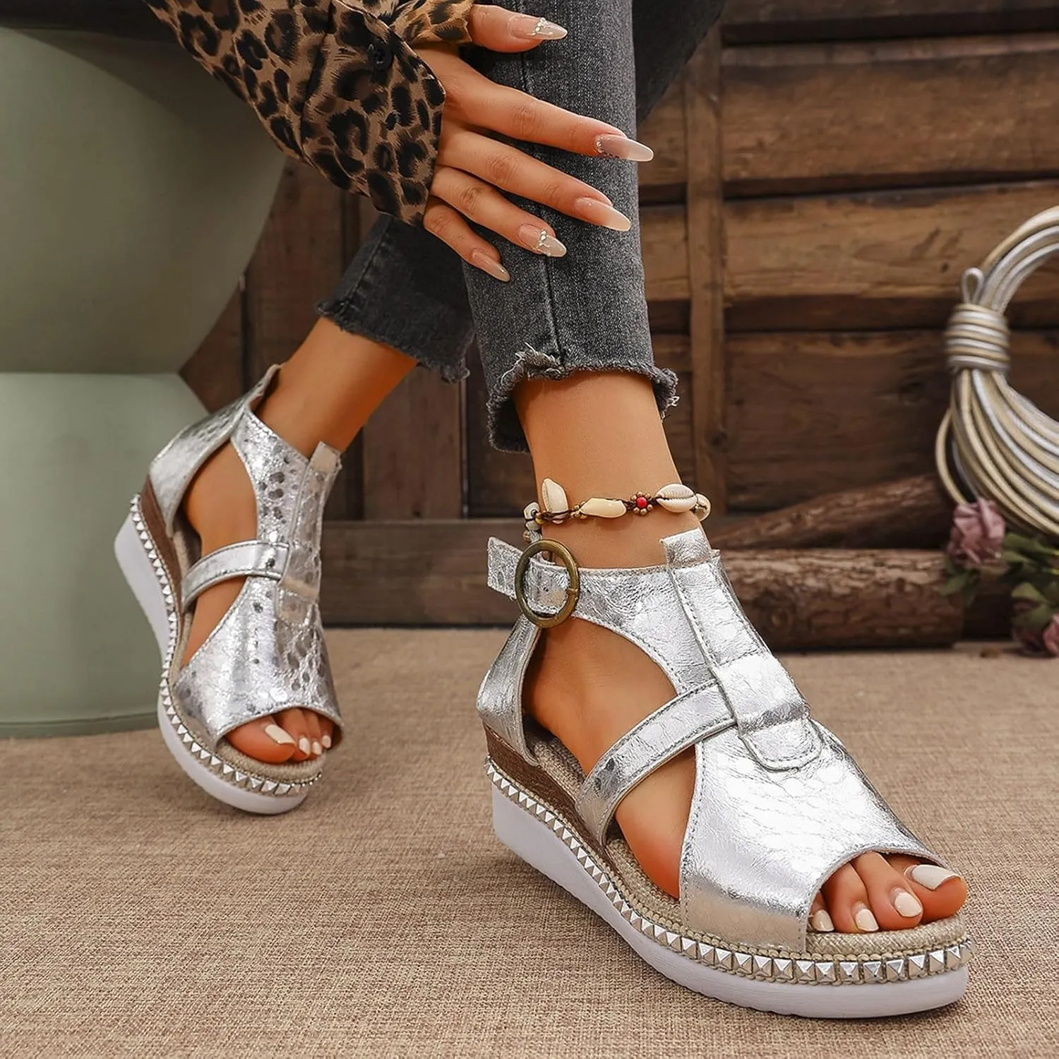 Platform Wedge Sandals for Women Sparkly Pu Leather Ankle Strap Platform Shoes Fashion Beach Prom Party Sandals