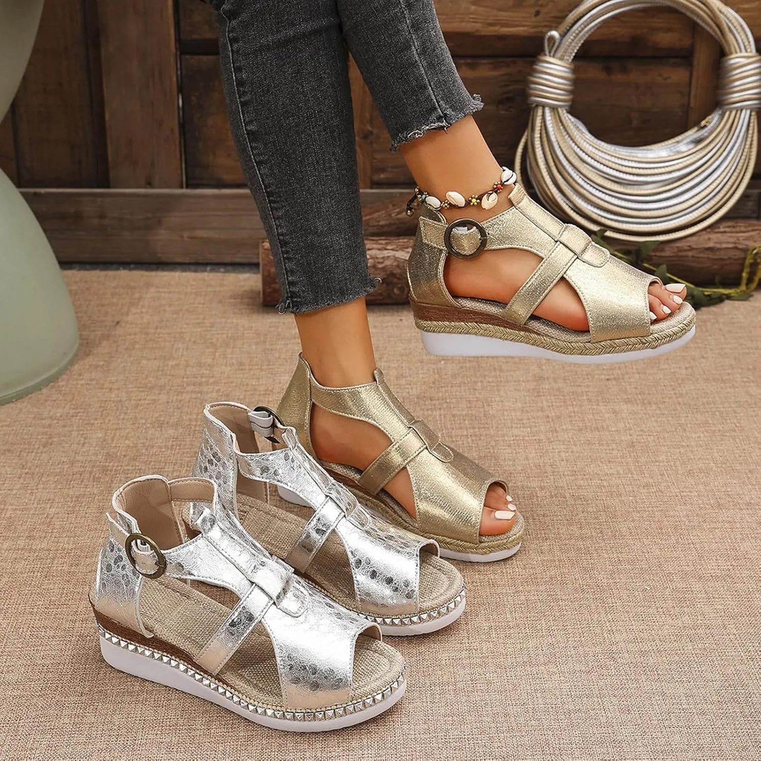 Platform Wedge Sandals for Women Sparkly Pu Leather Ankle Strap Platform Shoes Fashion Beach Prom Party Sandals