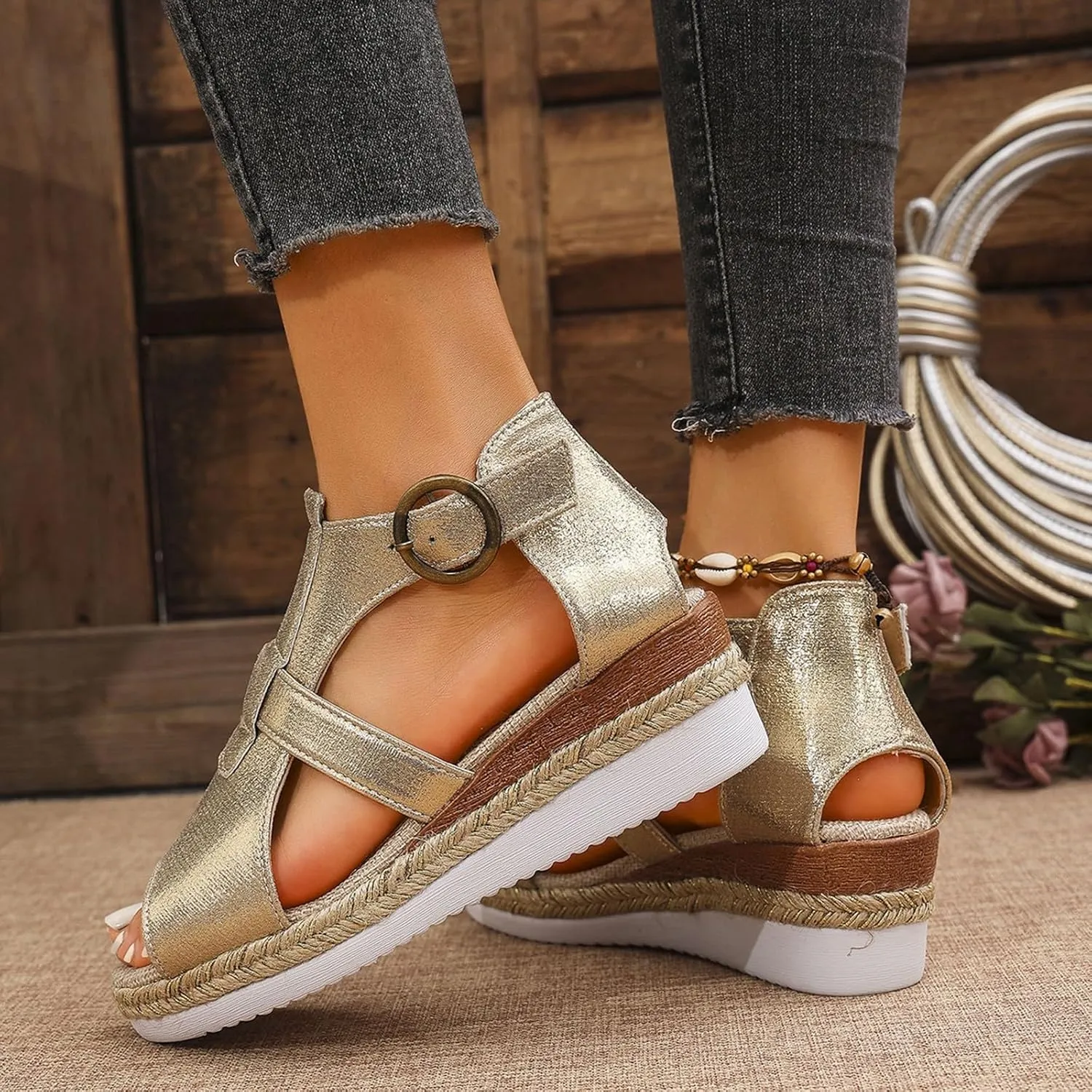 Platform Wedge Sandals for Women Sparkly Pu Leather Ankle Strap Platform Shoes Fashion Beach Prom Party Sandals