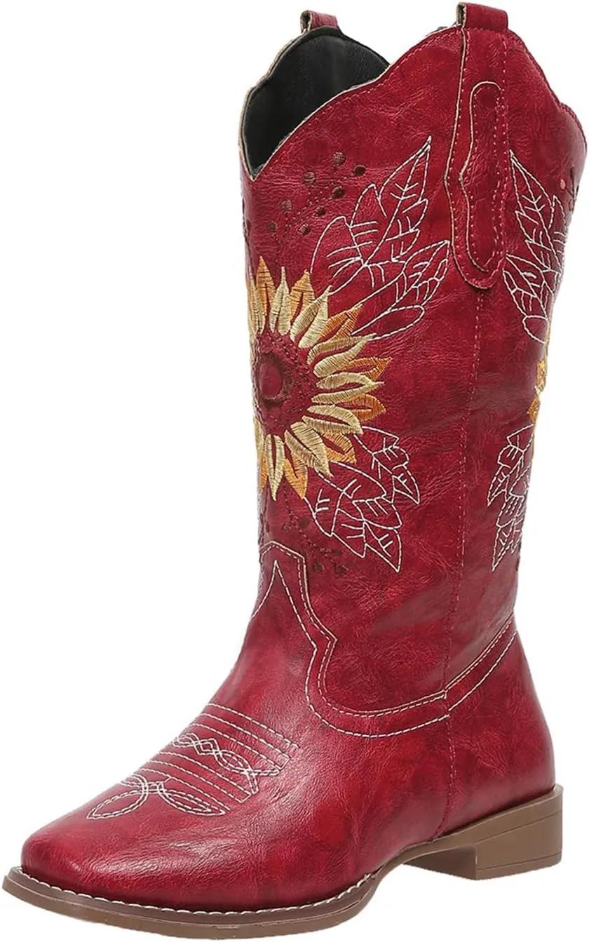 SACFOF Cowboy Boots for Women Square Toe Sunflower Cowgirl Boots Mid Calf Western Embroidered Stitched Low Heel Boots