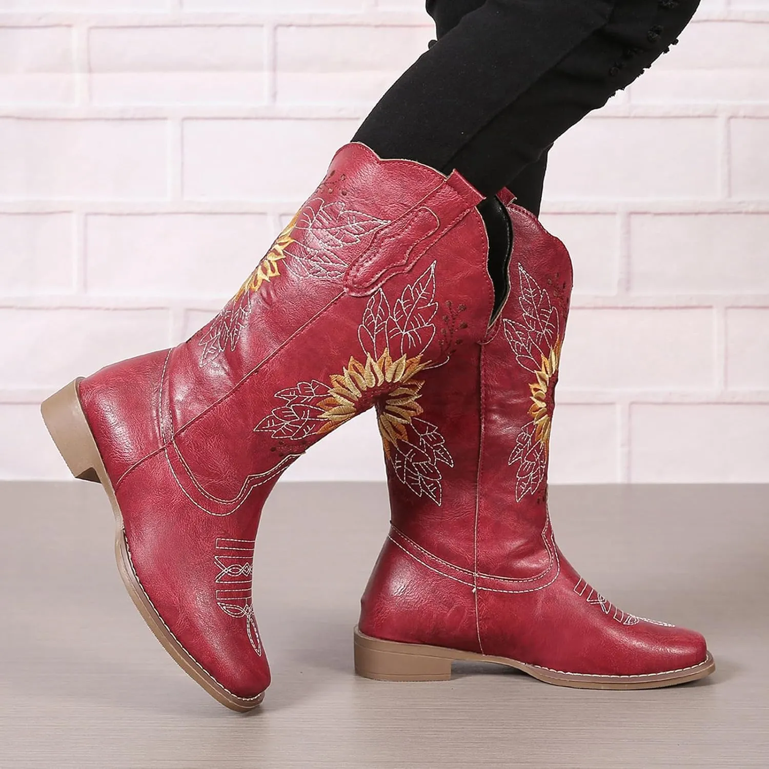 SACFOF Cowboy Boots for Women Square Toe Sunflower Cowgirl Boots Mid Calf Western Embroidered Stitched Low Heel Boots