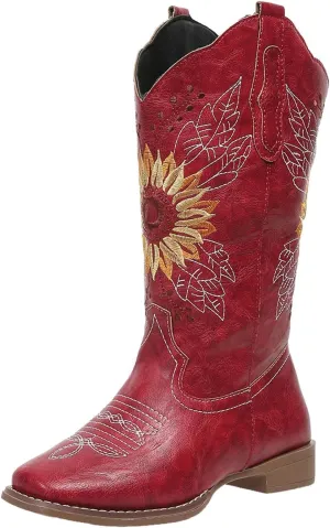 SACFOF Cowboy Boots for Women Square Toe Sunflower Cowgirl Boots Mid Calf Western Embroidered Stitched Low Heel Boots