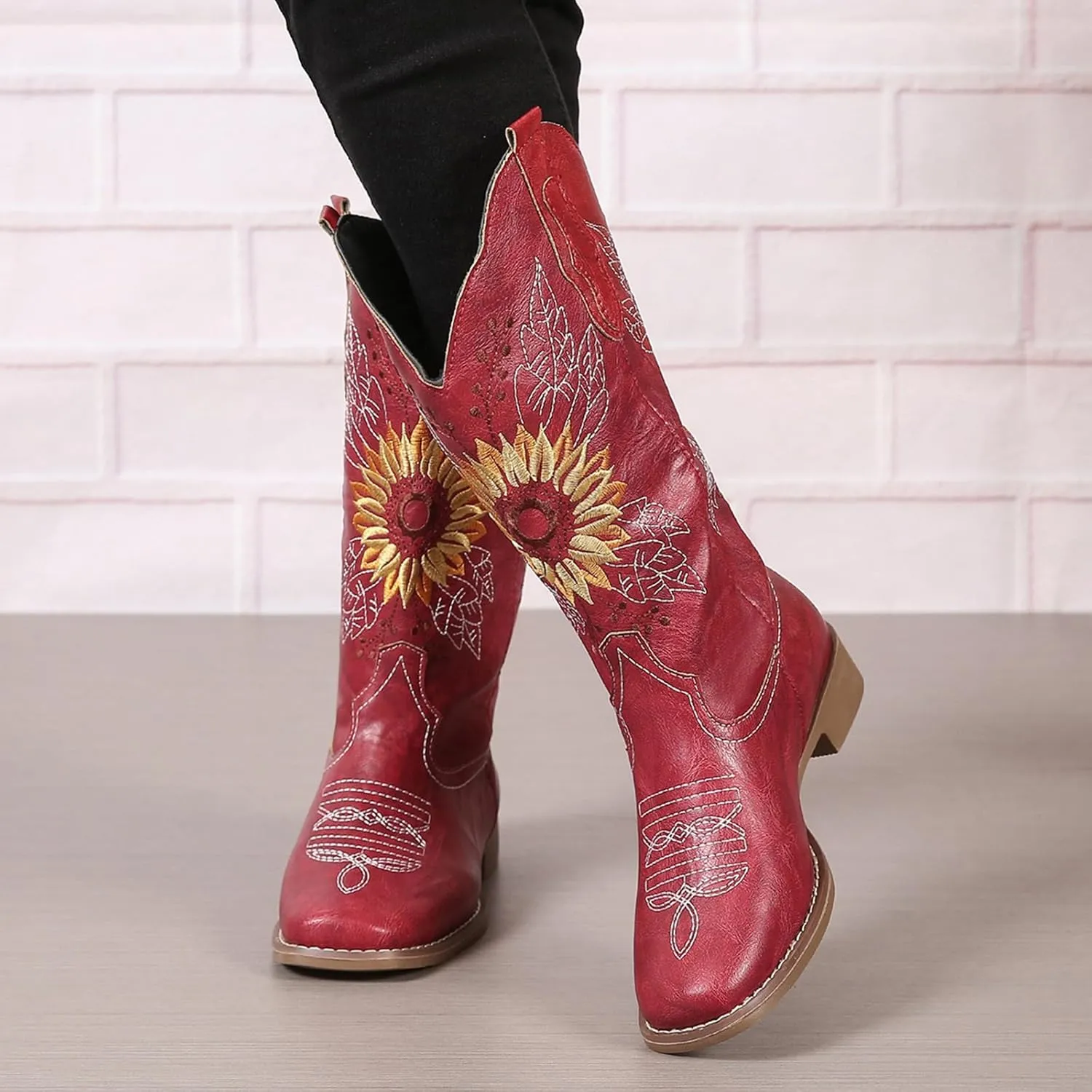 SACFOF Cowboy Boots for Women Square Toe Sunflower Cowgirl Boots Mid Calf Western Embroidered Stitched Low Heel Boots