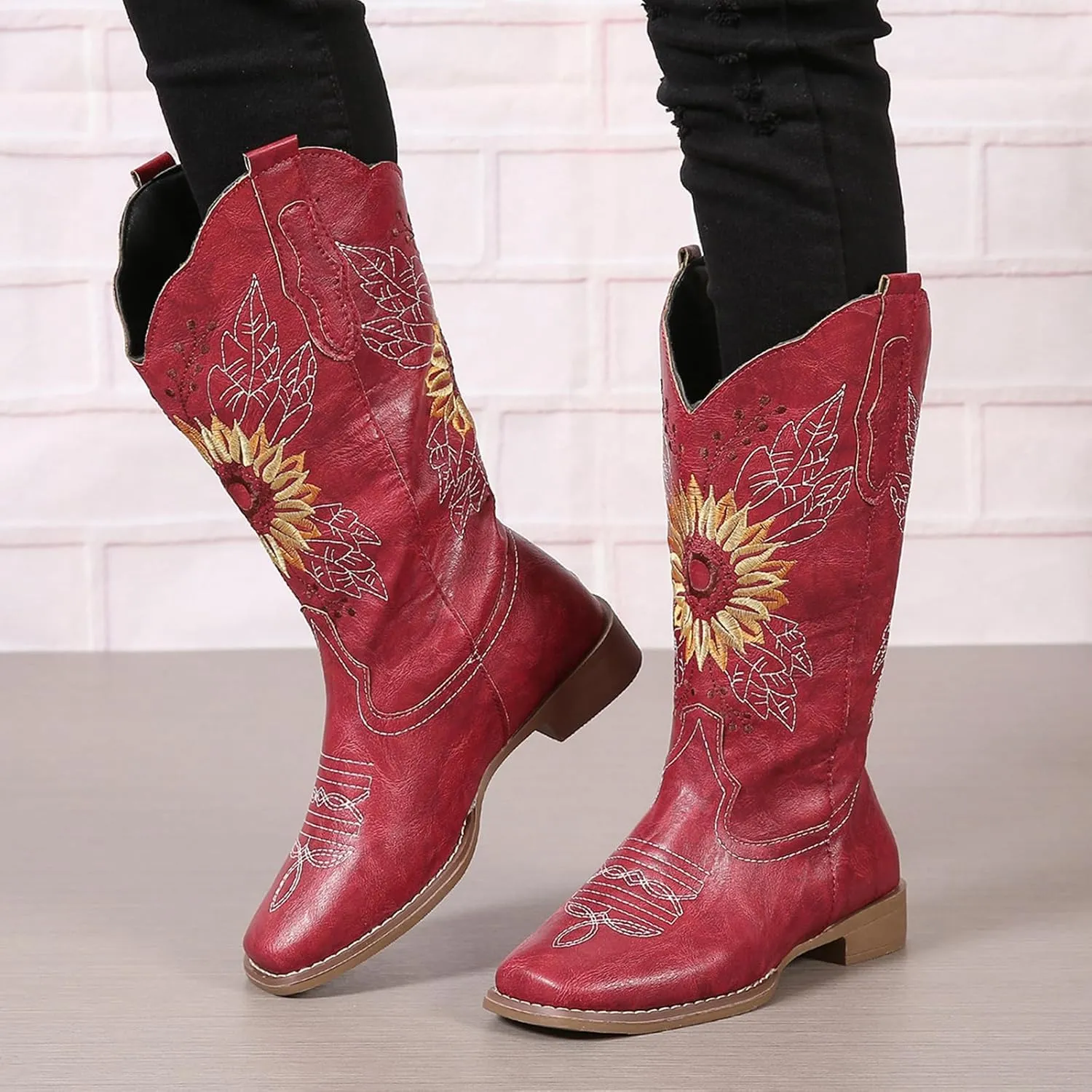 SACFOF Cowboy Boots for Women Square Toe Sunflower Cowgirl Boots Mid Calf Western Embroidered Stitched Low Heel Boots