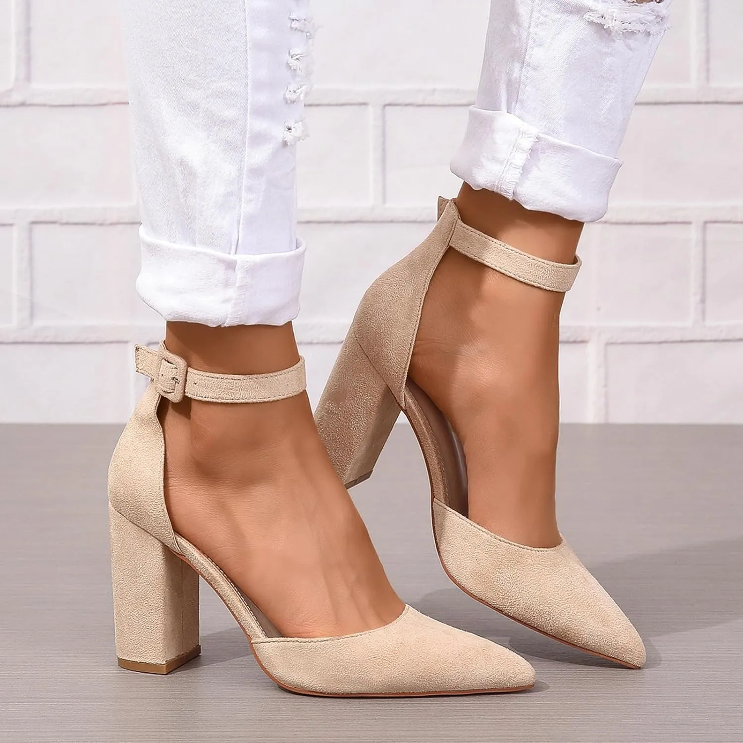 SACFOF Women's Pumps Shoes Summer Pointed Toe Chunky Heeled Ankle Strap Closed Toe Wedding Party Dress Sandals