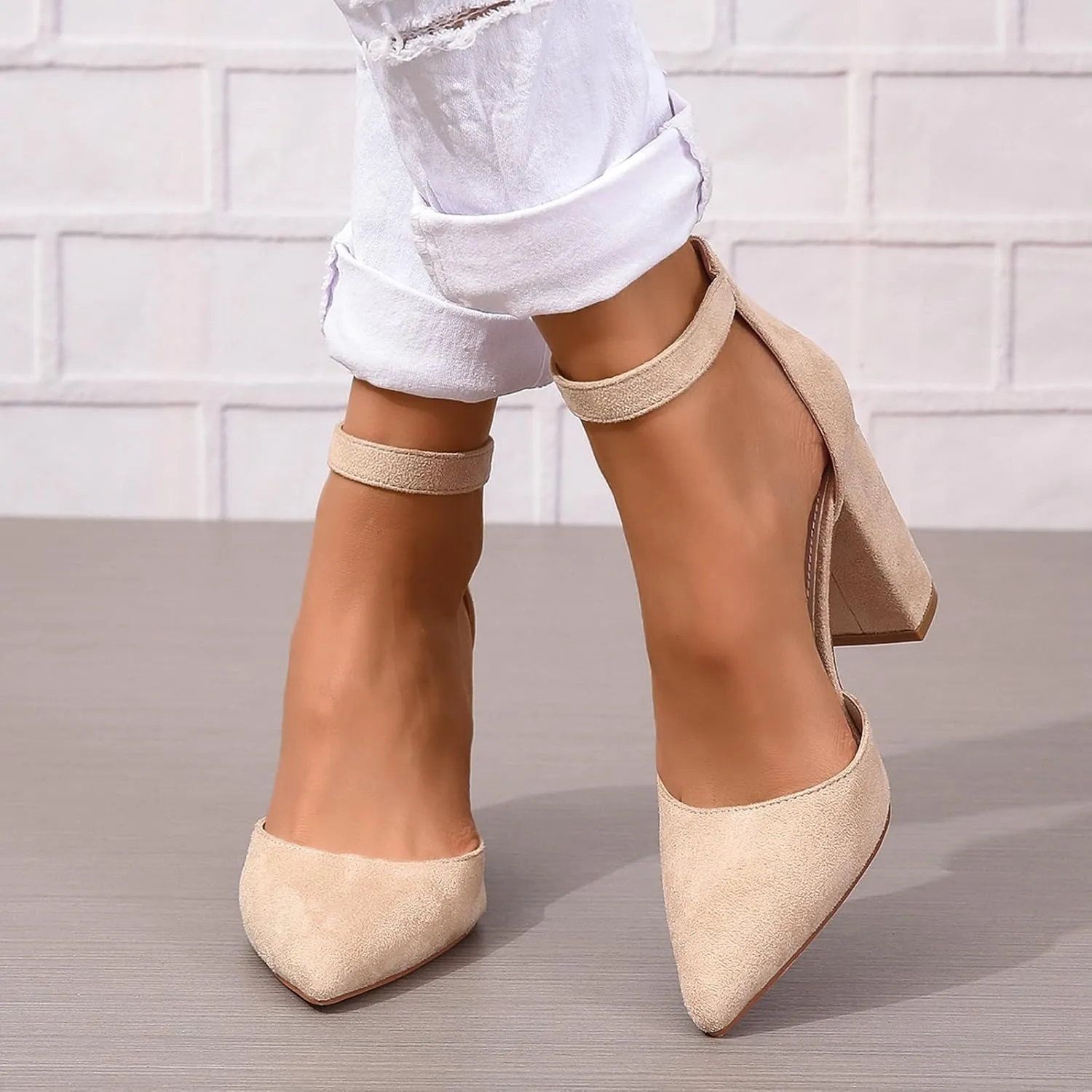 SACFOF Women's Pumps Shoes Summer Pointed Toe Chunky Heeled Ankle Strap Closed Toe Wedding Party Dress Sandals