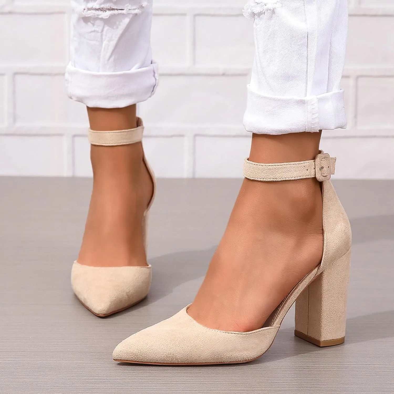 SACFOF Women's Pumps Shoes Summer Pointed Toe Chunky Heeled Ankle Strap Closed Toe Wedding Party Dress Sandals
