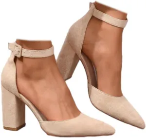 SACFOF Women's Pumps Shoes Summer Pointed Toe Chunky Heeled Ankle Strap Closed Toe Wedding Party Dress Sandals