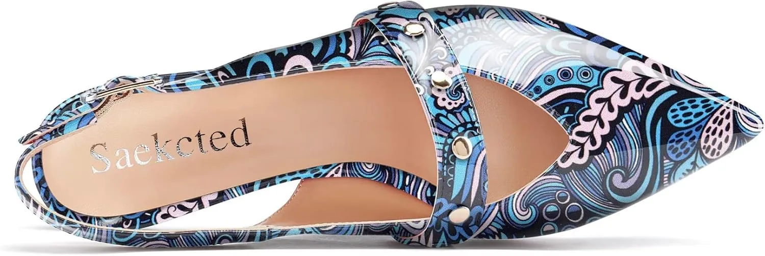 Saekcted Women Stiletto Mid Heel Pointed Toe Sandals Slingback Buckle Party Dress 2.0 Inches Heels