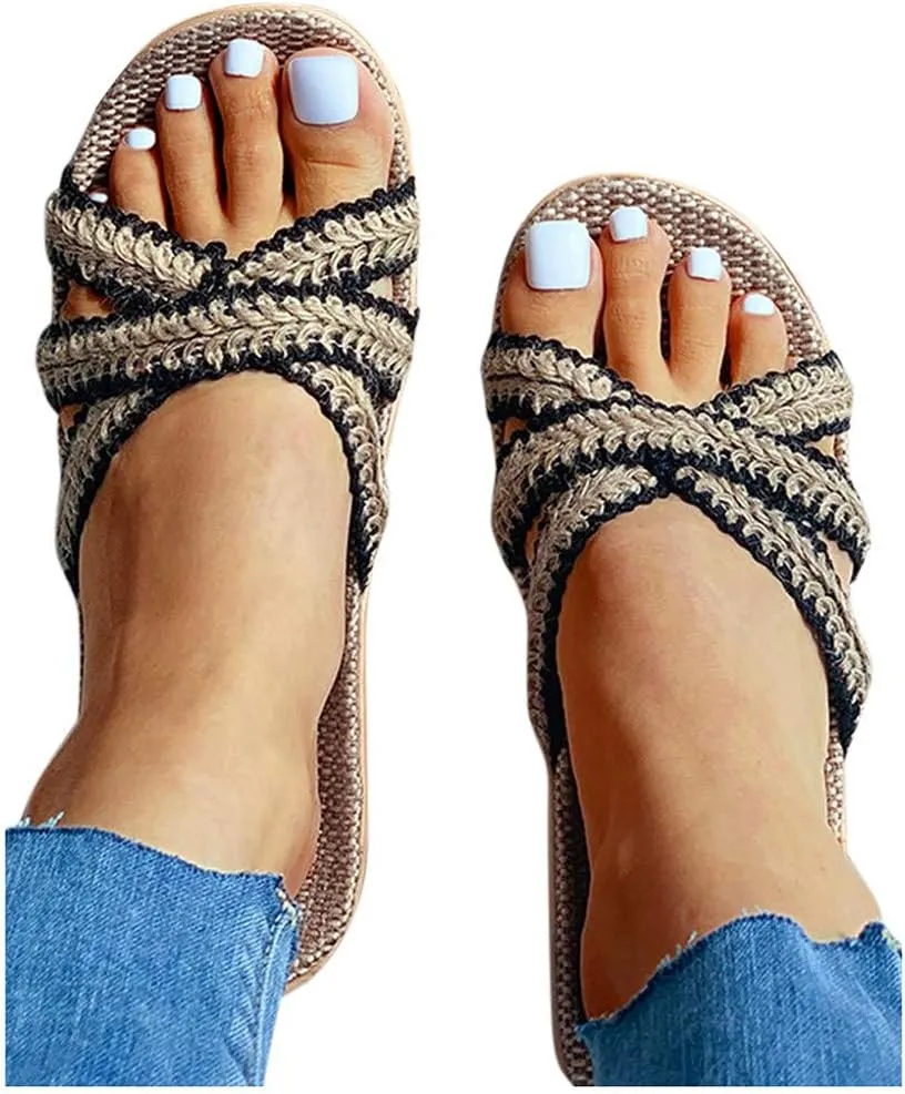 Sandals for Women 2025 Dressy Women's Brown Sandals Flip Flops for Woman Shower Dressy Flats Sandal Fashionable Slide-on Womens Elastic Strap Flat Sandal