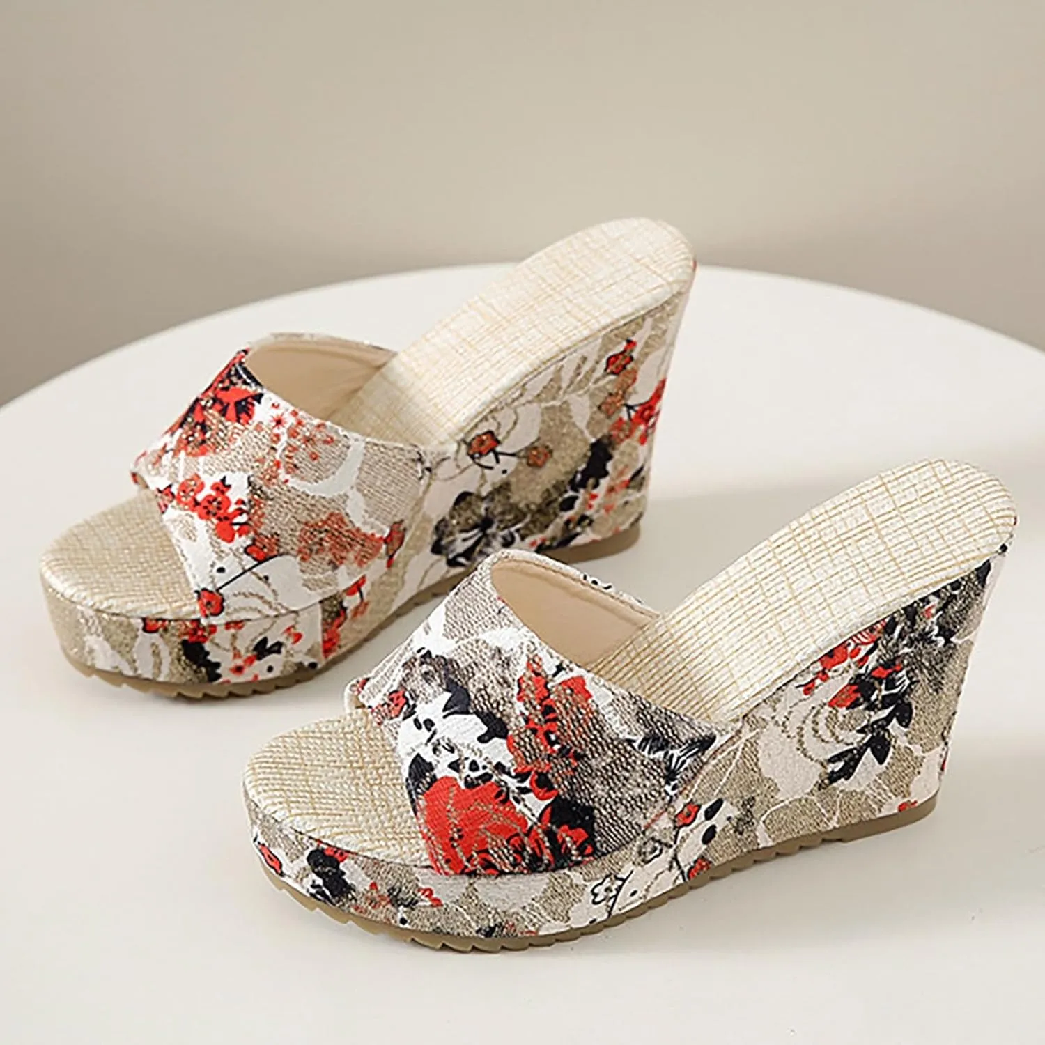Sandals for Women 2025 Wide Width Vintage Retro Printed Wedges Shoes Slip On Open Toe Platform Summer Beach Shoes