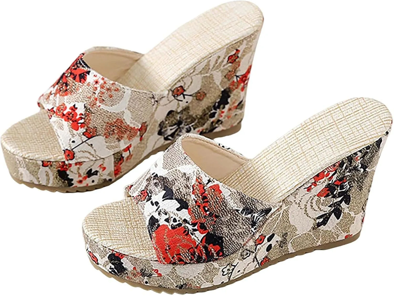 Sandals for Women 2025 Wide Width Vintage Retro Printed Wedges Shoes Slip On Open Toe Platform Summer Beach Shoes