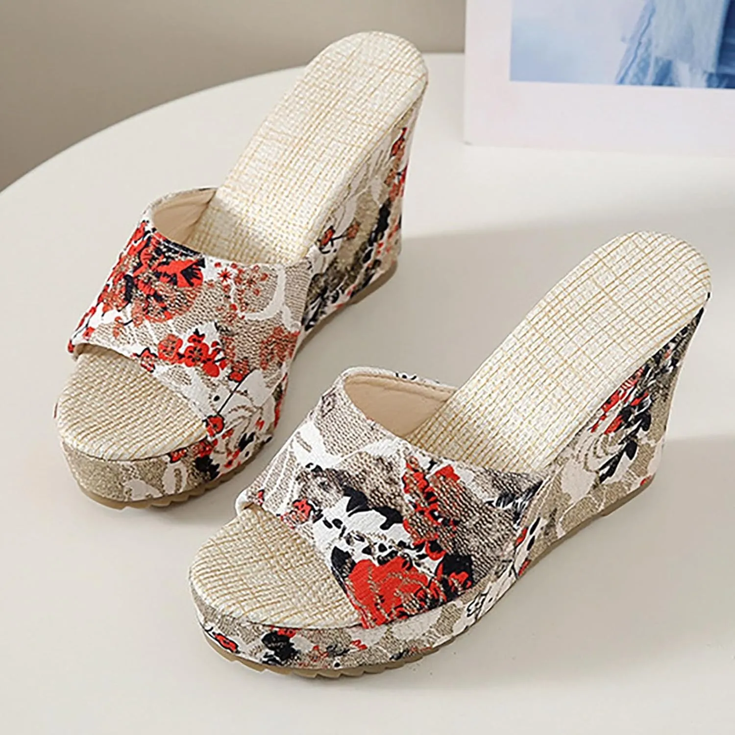 Sandals for Women 2025 Wide Width Vintage Retro Printed Wedges Shoes Slip On Open Toe Platform Summer Beach Shoes