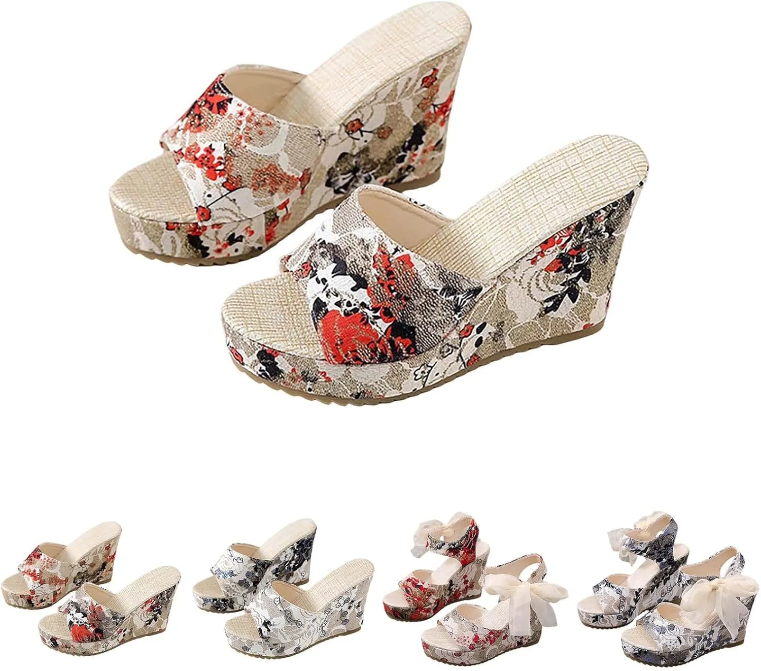Sandals for Women 2025 Wide Width Vintage Retro Printed Wedges Shoes Slip On Open Toe Platform Summer Beach Shoes