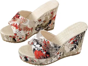 Sandals for Women 2025 Wide Width Vintage Retro Printed Wedges Shoes Slip On Open Toe Platform Summer Beach Shoes