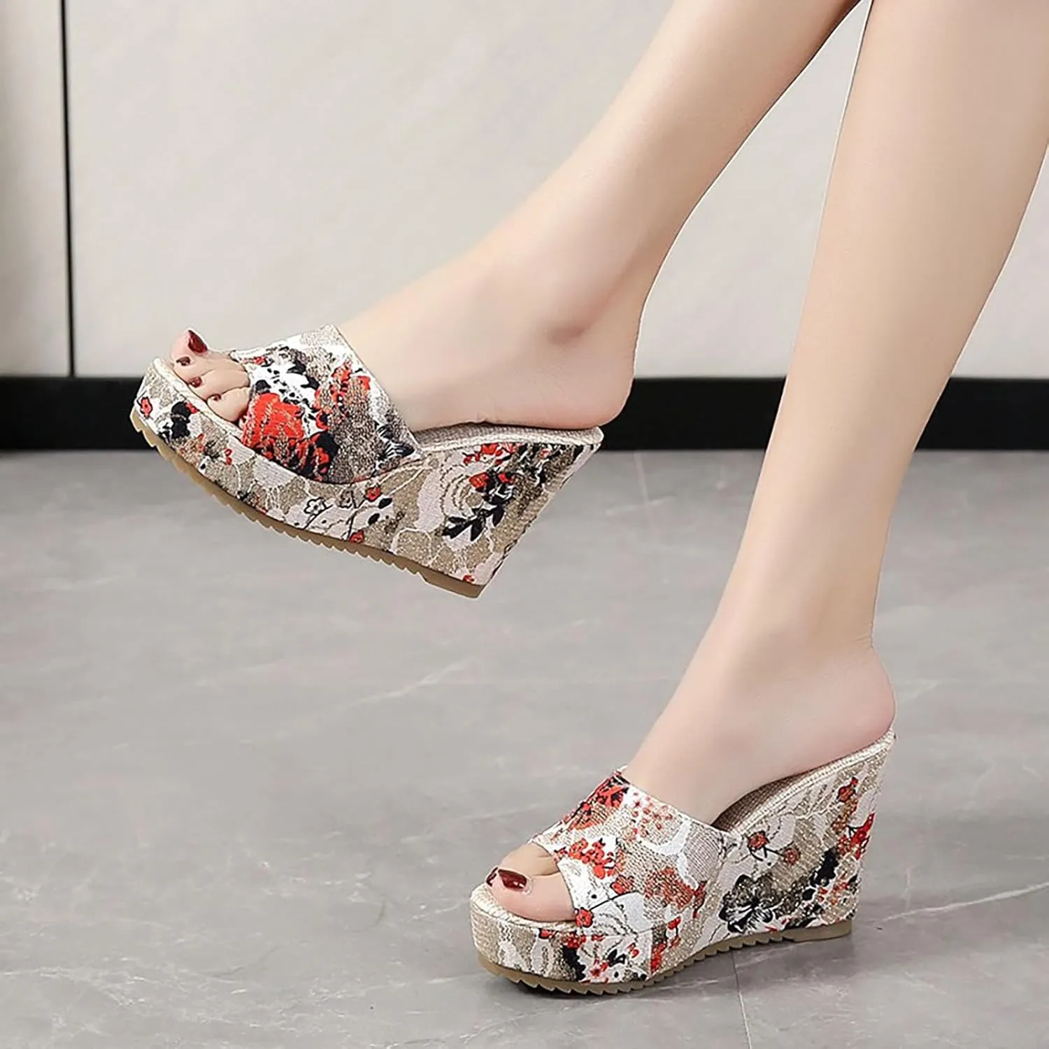 Sandals for Women 2025 Wide Width Vintage Retro Printed Wedges Shoes Slip On Open Toe Platform Summer Beach Shoes