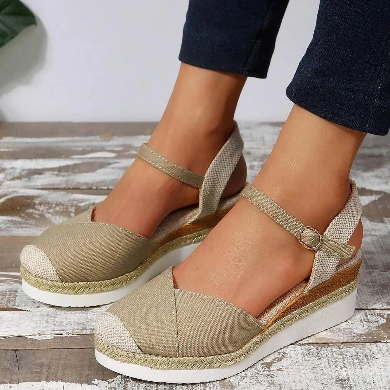 Sandals for Women Closed Toe Crisscross Elastic Ankle Strap Platform Espadrille Wedge Sandals Adjustable Buckle Flat Slide Sandals Canvas Wedge Sandals