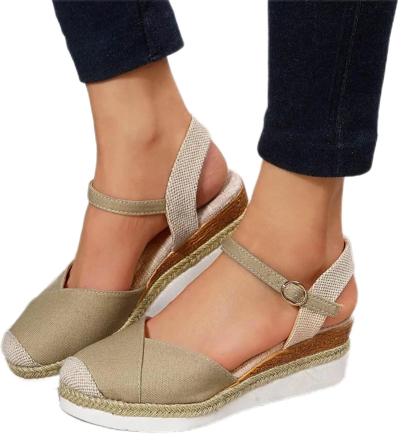 Sandals for Women Closed Toe Crisscross Elastic Ankle Strap Platform Espadrille Wedge Sandals Adjustable Buckle Flat Slide Sandals Canvas Wedge Sandals
