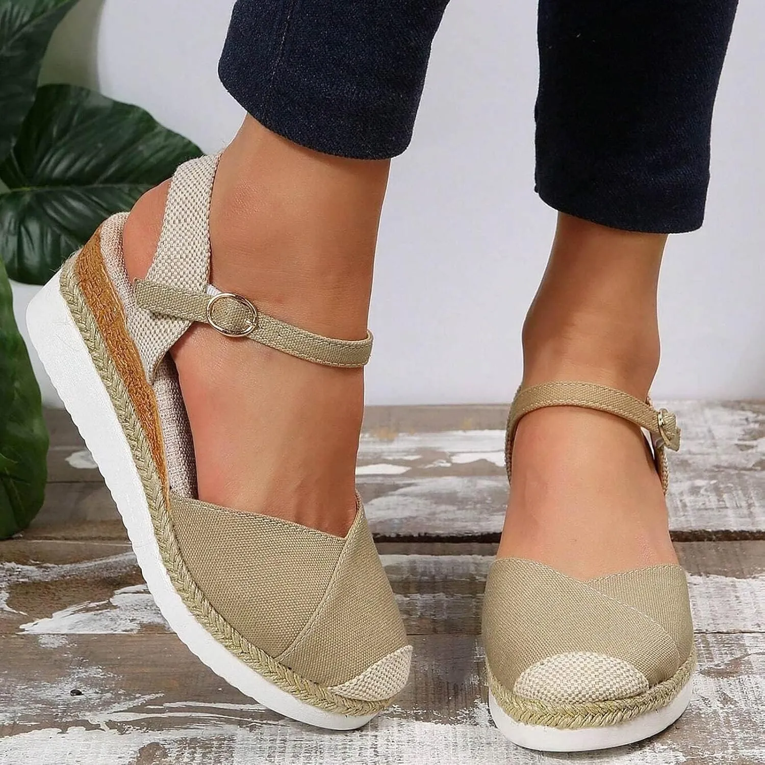 Sandals for Women Closed Toe Crisscross Elastic Ankle Strap Platform Espadrille Wedge Sandals Adjustable Buckle Flat Slide Sandals Canvas Wedge Sandals