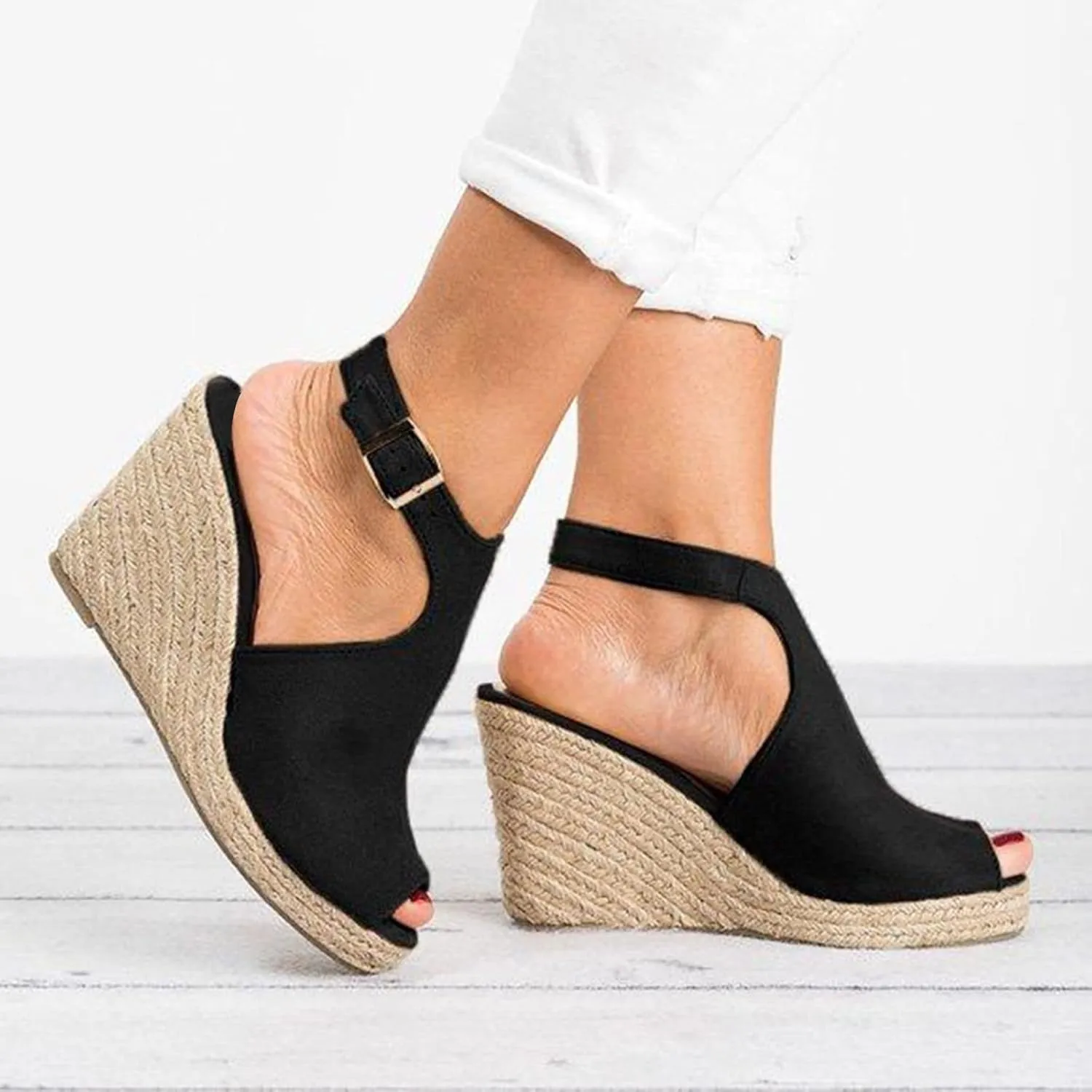 Sandals for Women, Dressy Summer Wedge, Womens Espadrille Wedge Sandals Peep Toe Buckle Strap Platform Sandals