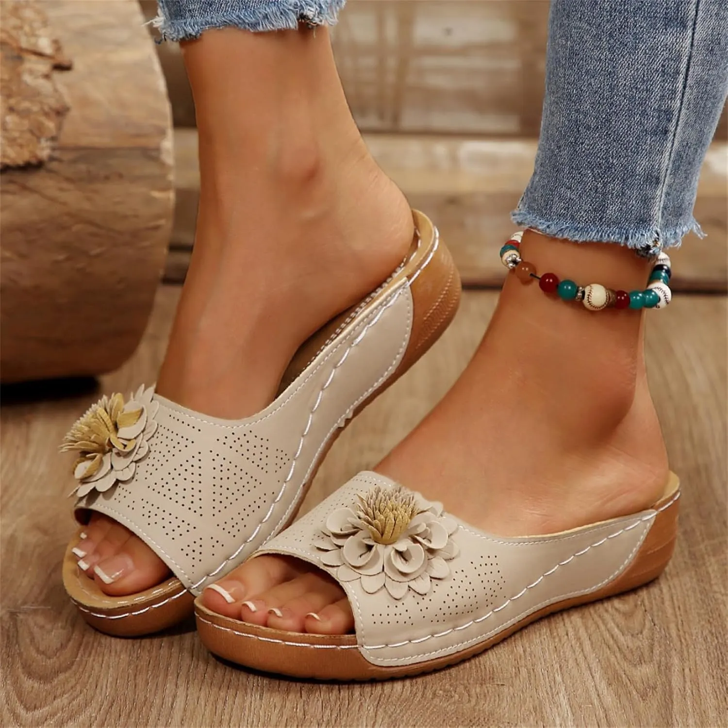 Sandals for Women Wedge Shoes Slip On Dressy Wedge Low Open Toe Slides Slipper Platform Comfortable Flower Sandals Lightweight Memory Foam Platform Shoes