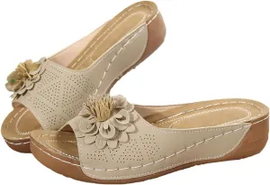 Sandals for Women Wedge Shoes Slip On Dressy Wedge Low Open Toe Slides Slipper Platform Comfortable Flower Sandals Lightweight Memory Foam Platform Shoes