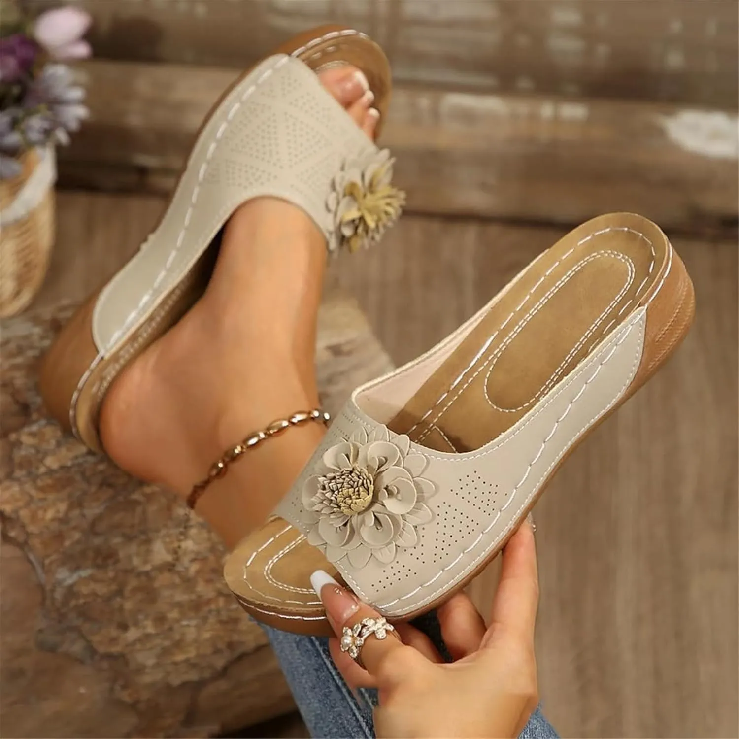 Sandals for Women Wedge Shoes Slip On Dressy Wedge Low Open Toe Slides Slipper Platform Comfortable Flower Sandals Lightweight Memory Foam Platform Shoes